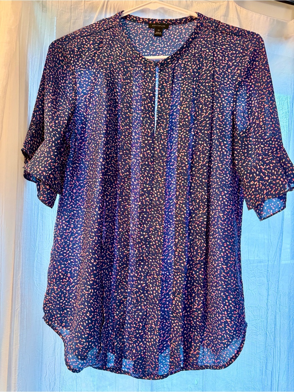 Ann Taylor Navy Tunic Top with Pink Speckle Print